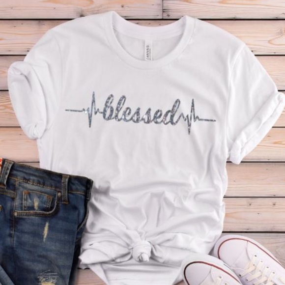 Plum Creek Boutique Tops - Blessed TShirt - Short Sleeve - White Grey Glitter